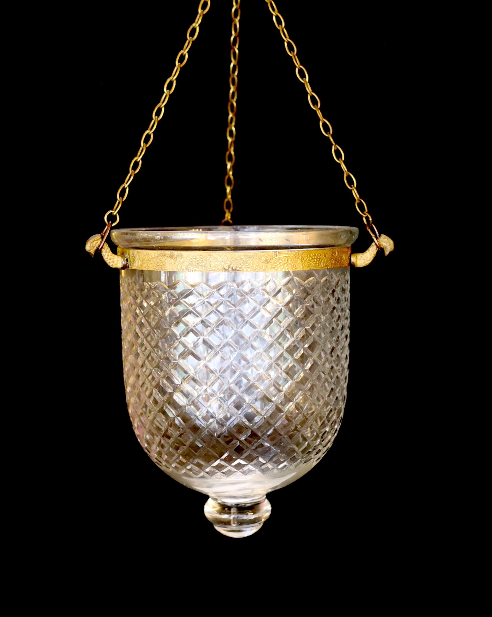 A pair of cut glass hurricane style ceiling lights, height 24cm. width 19cm